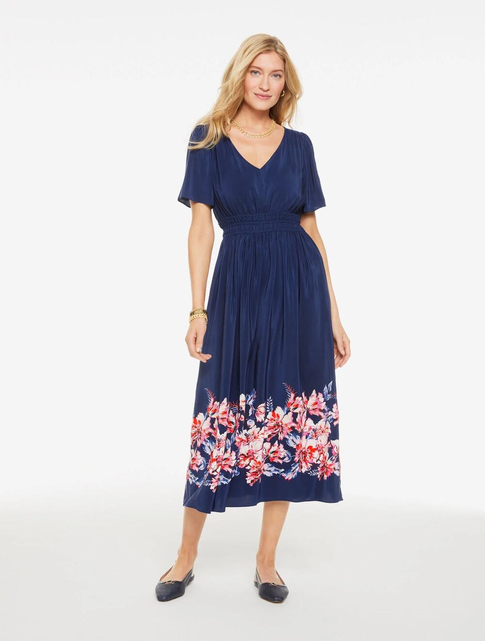 NEW Talbots Fit & Flare Midi Dress Navy Blue Floral Foliage Border V Neck Size 2